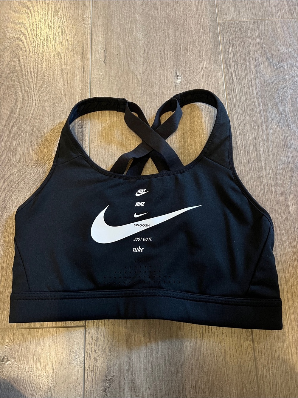 Nike Black Sports Bra with White Swoosh Logos, Crisscross Back